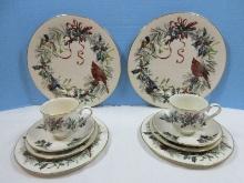 10pcs. Lenox Fine Ivory China Winter Greetings Pattern Red Ribbons Birds on Holly & Pine Design
