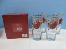 Set of 4 Lenox Winter Greetings Glass 6 1/4" Highball Glassware Tumblers- Appears NIB