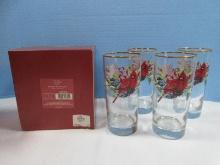 Set of 4 Lenox Winter Greetings Glass 6 1/4" Highball Glassware Tumblers- Appears NIB