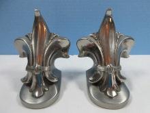 Pair P.M. Craftsman Classic Fleur De Lis Bookend Pewter Finish Stylized Lily or Iris Flower Depicts