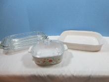 Lot Casseroles/Glass Baking Dishes Corningware Wild Flowers 2Qt w/Glass Lid Circa 1975-85,