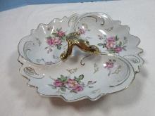 Arnart Porcelain 3 Part Serving Dish Stem Pink Rosebuds Gilt Accent Center Gold Tone Acanthus