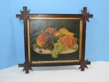Still Life Fruit Early Lithograph in Tramp Art Carved Frame