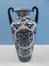 Semi-Porcelain Elegant Blue and White Floral Vine Design Classic 12 1/2" Vase Double Handles