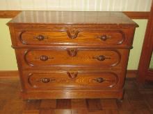 Refined Antique Victorian Era Walnut 3 Drawer Dovetail Dresser Chest Ornate Carved Wooden