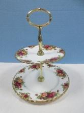 Royal Albert Bone China Old Country Roses Pattern 2-Tiered Center Handle Serving Tray 9 3/4"H