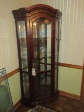 Stately Traditional Style Arch Bonnet Cherry Finish Light corner Curio Cabinet Mirrored Back