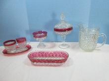 Pressed Glass Indiana Glass Ruby Flash Diamond Point Covered 12" Pedestal Compote, 3pc.