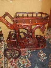 Spectacular Mahogany Swan Bar/Tea Serving Cart Sculpture Swans Top Tier w/Gallery, Lower Tier