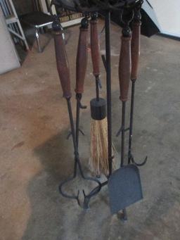 5pc Wrought Iron Fireplace Tool Set w/Stand Wooden Handles Colonial American Style