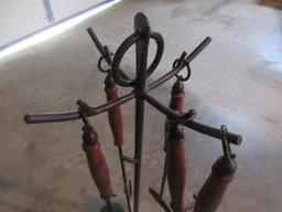 5pc Wrought Iron Fireplace Tool Set w/Stand Wooden Handles Colonial American Style