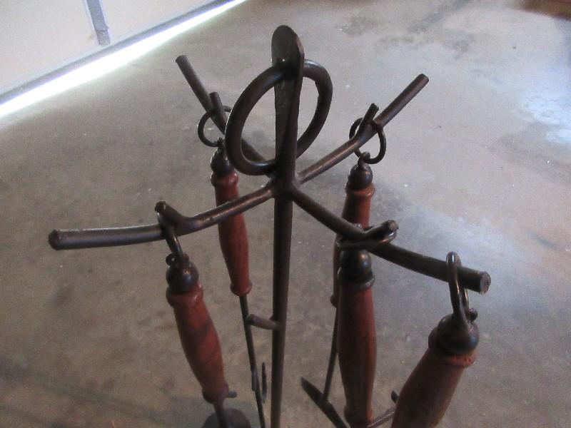 5pc Wrought Iron Fireplace Tool Set w/Stand Wooden Handles Colonial American Style