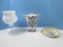 Lot Studio Art Glass 11 3/4" Handle Blown Glass White Bowl to Clear Stem, John Garrou '85