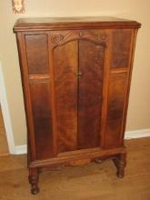 Depression Era Ornate Cabinet w/Double Sliding Panel Doors Applied Bellflower & Scroll Accent
