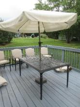 3pc Cast Aluminum Patio Table w/Umbrella Stand Base & Umbrella Mediterranean Design