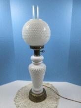 Gorgeous Milk Glass Hobnail Pattern 28" Banquet Lamp w/Clear Glass Chimney & Brass Tone
