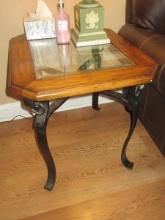 Spanish Mission Style End Table w/Beveled Glass Insert Distressed Wood Finish Ring Accents