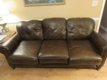 Lane Furniture Leather Refined Brown Classical Rolled Arm Sofa w/Accent Pillows on Mahogany