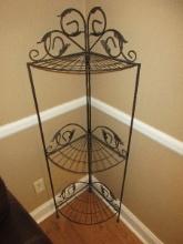 Decorative Wrought Iron 3 Tier Folding Corner Shelf Etagere w/Foliate & Scroll Accent-
