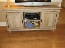 Stately Cottage Farmhouse Console Media Cabinet Rustic Center Open Shelves Flanked by Panel