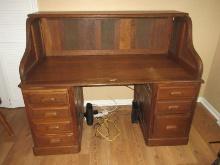 Early Oak Executive Desk w/Wooden Drawer Pulls & Pull Out Writing Slope Large Desk-2pcs.