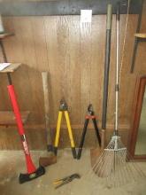 Lot Yard Tools- Shovel, Pruners, Double-Bit Axe Head Fiberglass handle etc.