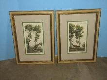 Pair European Rural Countryside Scene Watercolor Block Prints Artist Signed Roger Hebbelinck