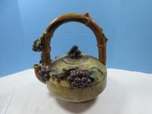 Oversized Large Majolica Style Decorative Teapot Bamboo Style Handle Raised Applied Grape-