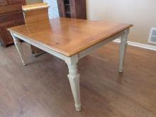 Stately Wooden Farmhouse Table w/Leaf Knotty Pine Rectangular Top on Painted Off-White