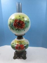 Gone With The Wind Style 22" Oil Parlor Lamp on Ornate Base Hand Painted Font & Shade w/