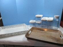 Lot 2 Simulated Wood Grain Trays, White Pierced Gallery Tray, Set of Seal Tight Canisters, Fridge