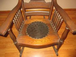 Marvelous Antique Oak Rocking Chair Pressed Back Design Quilted Medallion Seat Insert