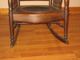 Marvelous Antique Oak Rocking Chair Pressed Back Design Quilted Medallion Seat Insert