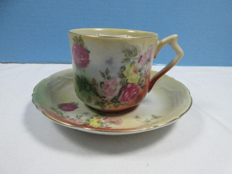 Lot Porcelain Mustache Cup & Saucer Likely Nippon Mark, 2-Fine China Concorde Floral Center