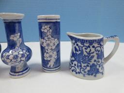 Lot Blue & White Chinoiserie Porcelain Phoenix Bird 3" Creamer, Mini 3 3/4" Round Teapot/