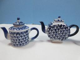 Lot Blue & White Chinoiserie Porcelain Phoenix Bird 3" Creamer, Mini 3 3/4" Round Teapot/