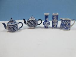 Lot Blue & White Chinoiserie Porcelain Phoenix Bird 3" Creamer, Mini 3 3/4" Round Teapot/