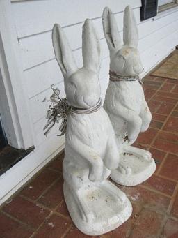 Pair of Concrete 29" Figural Bunny Rabbit Garden Statues Standing up On Back Legs Ready to