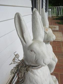 Pair of Concrete 29" Figural Bunny Rabbit Garden Statues Standing up On Back Legs Ready to