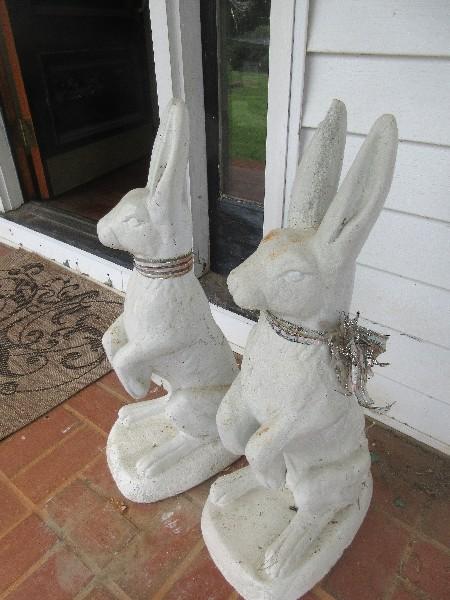 Pair of Concrete 29" Figural Bunny Rabbit Garden Statues Standing up On Back Legs Ready to