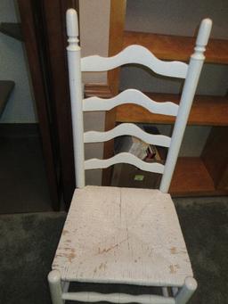 Painted White French Country Ladder Back Chair Woven Rush Seat