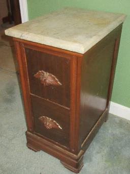 Antique Nightstand w/Marble Top Beveled Edge & 2 Dovetail Drawers Carved Pulls-
