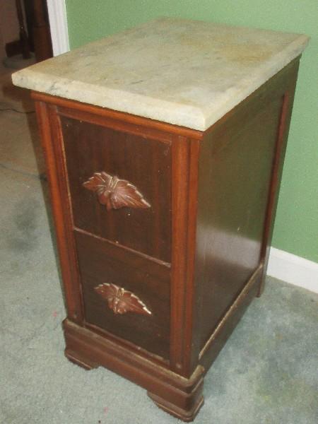 Antique Nightstand w/Marble Top Beveled Edge & 2 Dovetail Drawers Carved Pulls-
