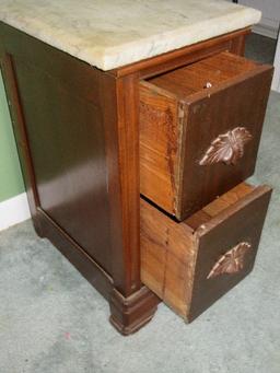 Antique Nightstand w/Marble Top Beveled Edge & 2 Dovetail Drawers Carved Pulls-