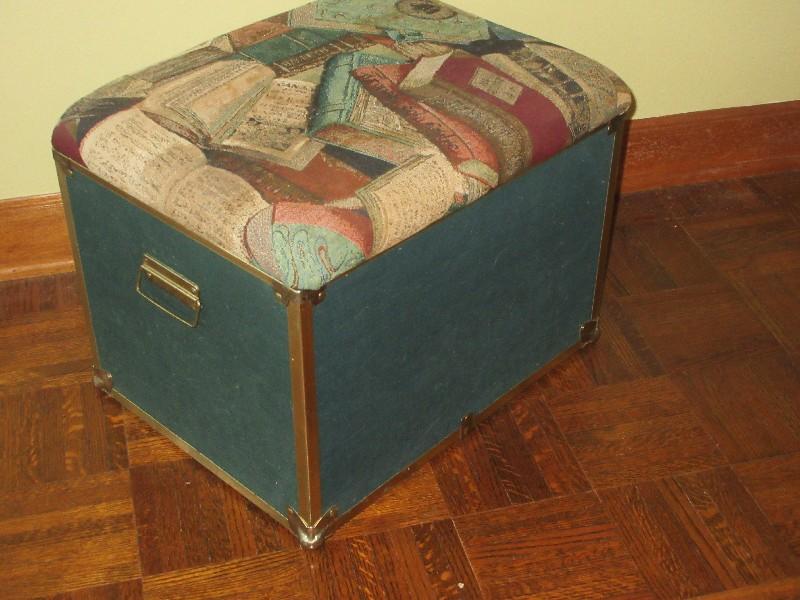 Storage Box Ottoman w/Cushioned Top Book Theme Pattern Metal Accents & Side Handles