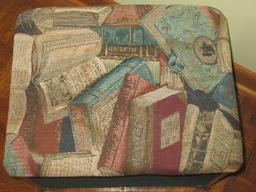 Storage Box Ottoman w/Cushioned Top Book Theme Pattern Metal Accents & Side Handles