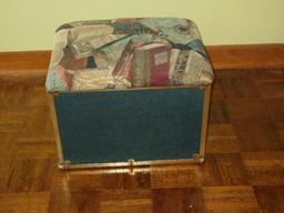 Storage Box Ottoman w/Cushioned Top Book Theme Pattern Metal Accents & Side Handles
