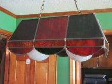 Stained Glass Hanging Light Fixture Rectangular Shade w/Panels Slag Glass w/Milk Glass Globes