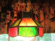 Stained Slag Glass Hanging Light Fixture Shade w/Panels & Milk Glass Globe