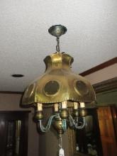 Unique Impressive Bell Shape Chandelier Brushed Brass Adorned w/Circular Textured Glass